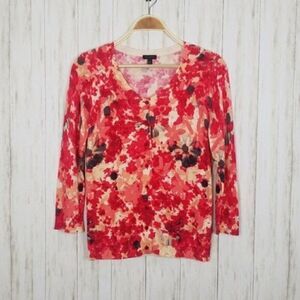 Talbots Red Floral Printed Scoop Neck Cardigan